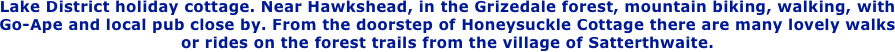 Lake District holiday cottage. Near Hawkshead, in the Grizedale forest, mountain biking, walking, with Go-Ape and local pub close by. From the doorstep of Honeysuckle Cottage there are many lovely walks or rides on the forest trails from the village of Satterthwaite.